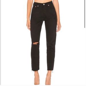 Levi’s Wedgie Icon Fit Jeans in Black Desert Distressed Button Fly Raw Hem